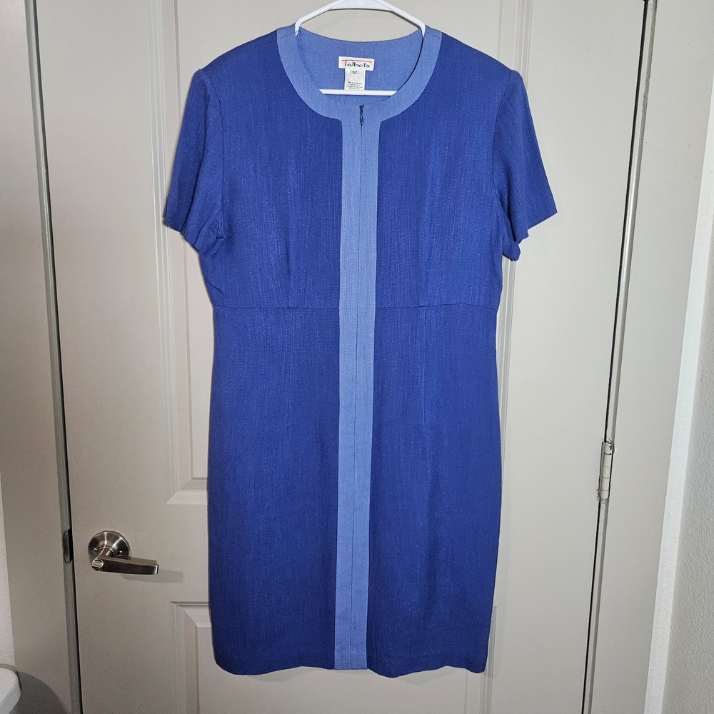 Talbots Sheath Dress Sz 12 Full Front Zip Short Sleeveβ Purple Blue USA